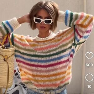 Mother The Biggie Striped Alpaca Pullover Sweater Size Small Colorful Rainbow